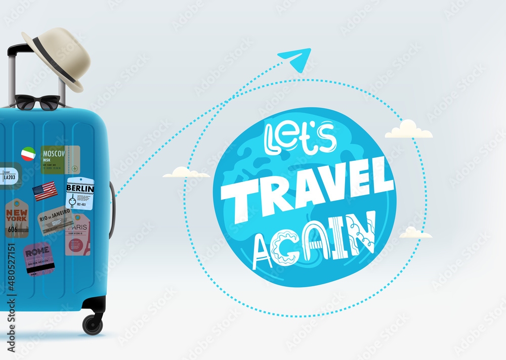 Poster Travel concept with suitcase and logo. 3d vector banner with copy space for a text
