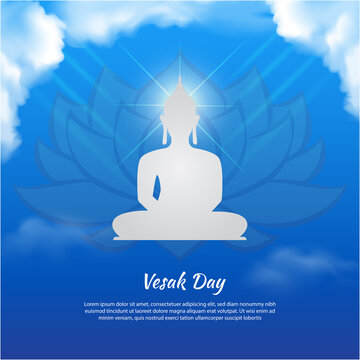 Celebration Vesak Day background with shinny Buddha and realistic cloud. Vesak day gradient sky blue vector illustration