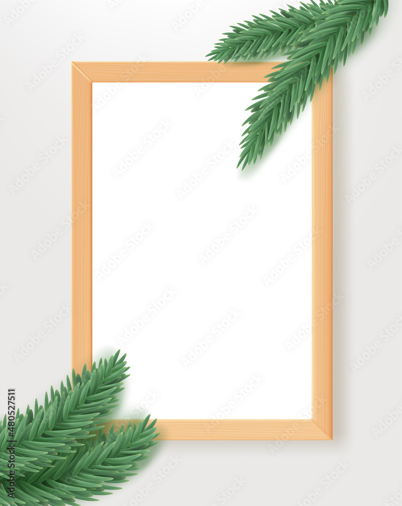 Aufkleber empty wood frame on the table with pine branches. 3d vertical vector mockup for design