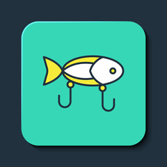 Filled outline Fishing lure icon isolated on blue background. Fishing tackle. Turquoise square button. Vector