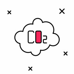 Filled outline CO2 emissions in cloud icon isolated on white background. Carbon dioxide formula, smog pollution concept, environment concept. Vector