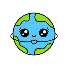 Cute Earth showing heart shape with hands. Cartoon planet Earth smiling with the finger heart gesture. Love nature gratitude concept. Kawaii globe with outline. Vector illustration, flat, clip art.