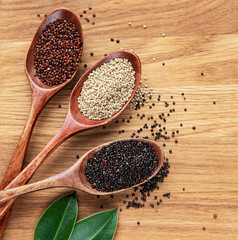 Red, black and white quinoa seeds
