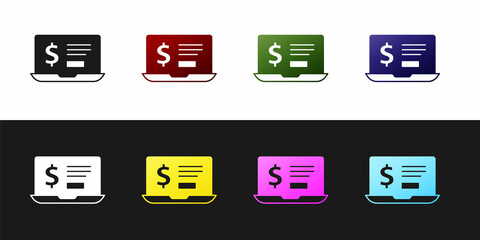 Set Laptop with dollar icon isolated on black and white background. Sending money around the world, money transfer, online banking, financial transaction. Vector