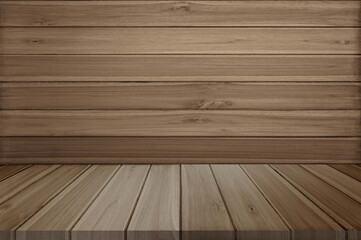 Blank wood table top on wall kitchen home background. Perspective old brown wooden floor over blur in barn background - can be used mock up for montage products display and design key visual layout.
