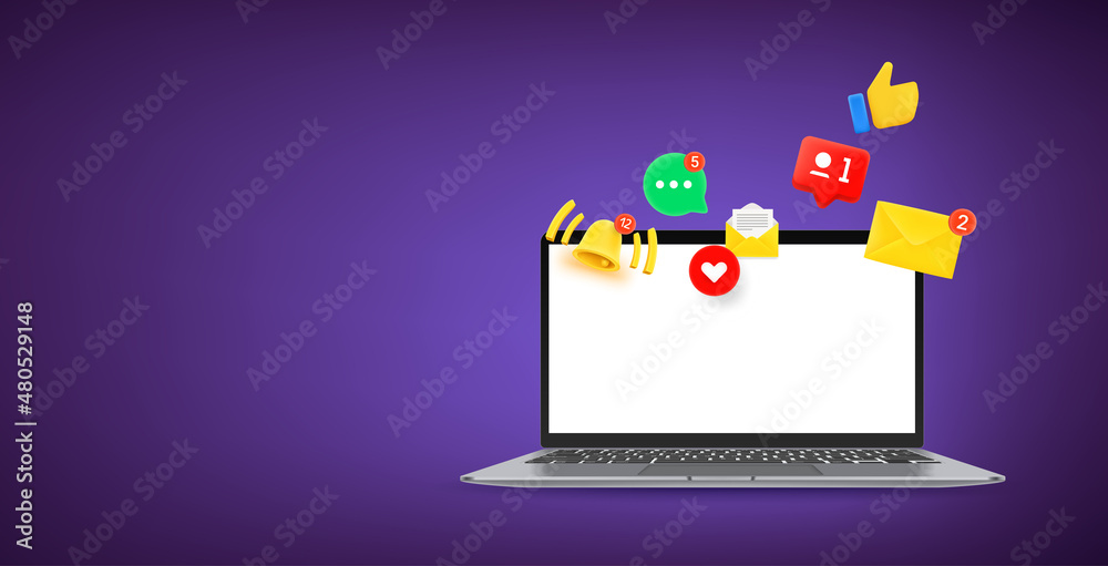 Fototapete Modern laptop mockup with notifications of messengers. Horizontal vector banner with copy space