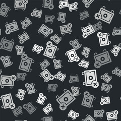 Grey Safe icon isolated seamless pattern on black background. The door safe a bank vault with a combination lock. Reliable Data Protection. Vector
