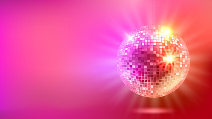 Bright glowing red disco ball. Vector 3d banner with copy space - obrazy, fototapety, plakaty