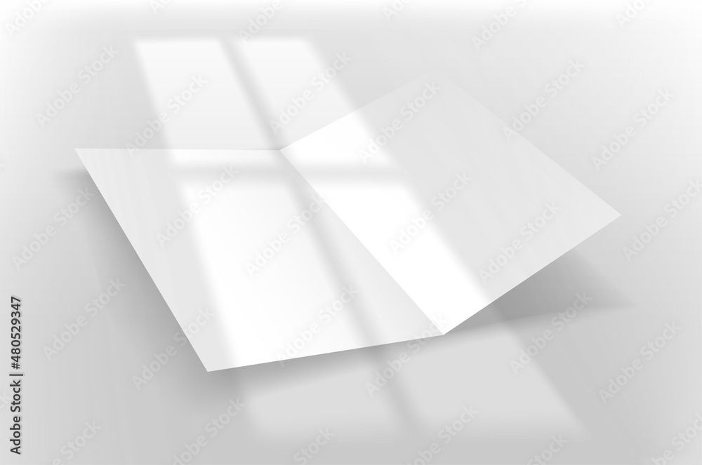 Aufkleber White paper booklet on a table with light of the window shadow overlay. Realistic vector mockup with sun flare effect