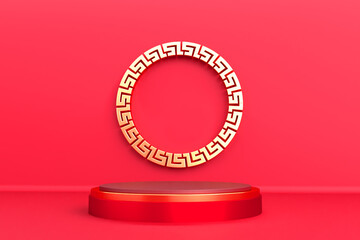 Chinese new year 2022 Podium sale 3D Render Red Color