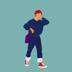 Vector illustration of Kpop street fashion. Street idols of Koreans. Fashion for male idols Kpop. A guy in blue jeans and red sneakers and a hat with a burgundy bag.