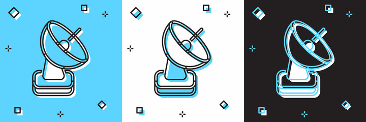 Set Radar icon isolated on blue and white, black background. Search system. Satellite sign. Vector