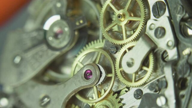 Clock watch mechanism working, detail close-up