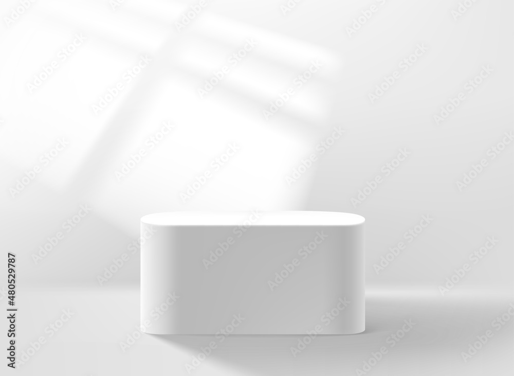 Poster Empty white studio with podium sunlight of the window. Vector 3d illustration