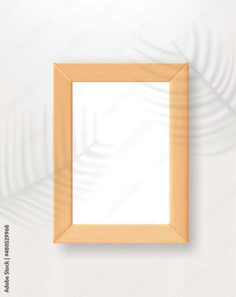 Aufkleber Empty wood frame on the table with palm leaves shadows. 3d vertical vector mockup for design