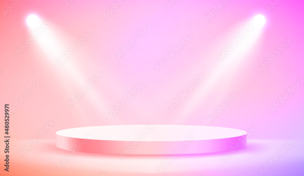 Poster Empty illuminated room with circle platform and soffits. Realistic 3d style vector illustration