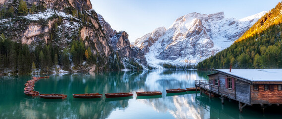 Landscape of Lago di Braies in dolomite mountains