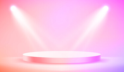 Empty illuminated room with circle platform and soffits. Realistic 3d style vector illustration