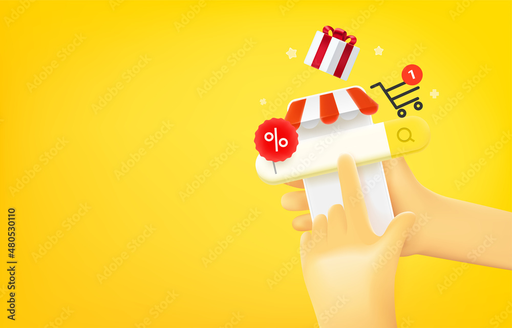 Poster Man searching goods in internet via mobile phone. 3d vector banner with copy space