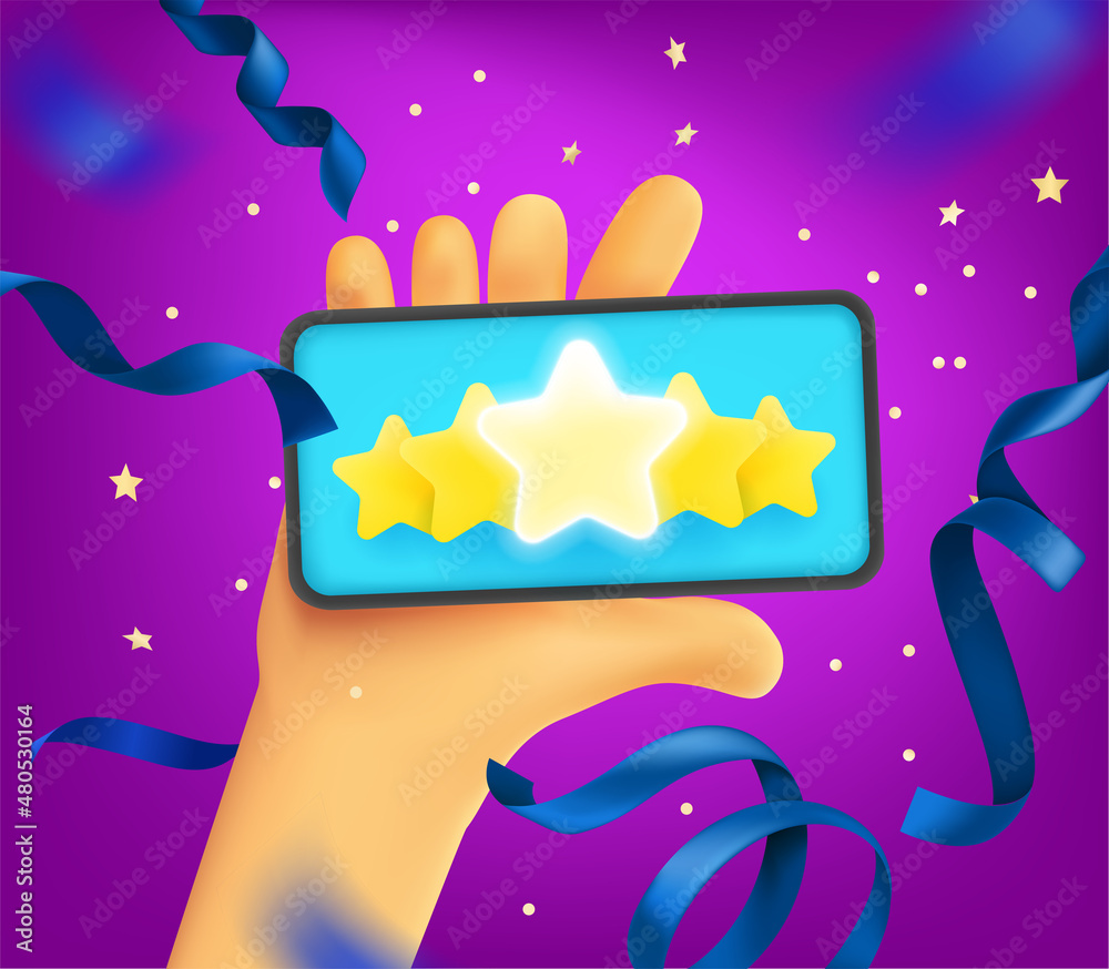 Poster man holding modern smartphone with five star rating on the screen. 3d vector illustration
