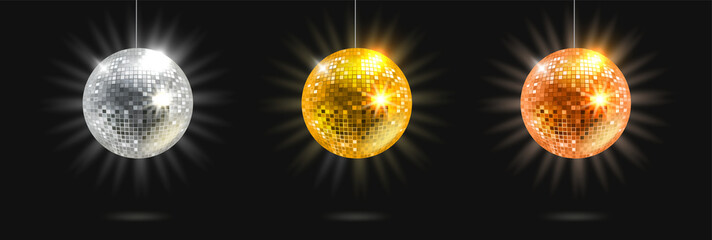 Bright glowing disco balls set isolated on black background. Vector 3d illustration