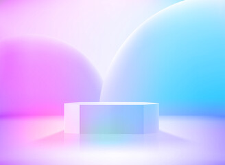 Bright studio with white podium and neon glow effect. Vector 3d illustration