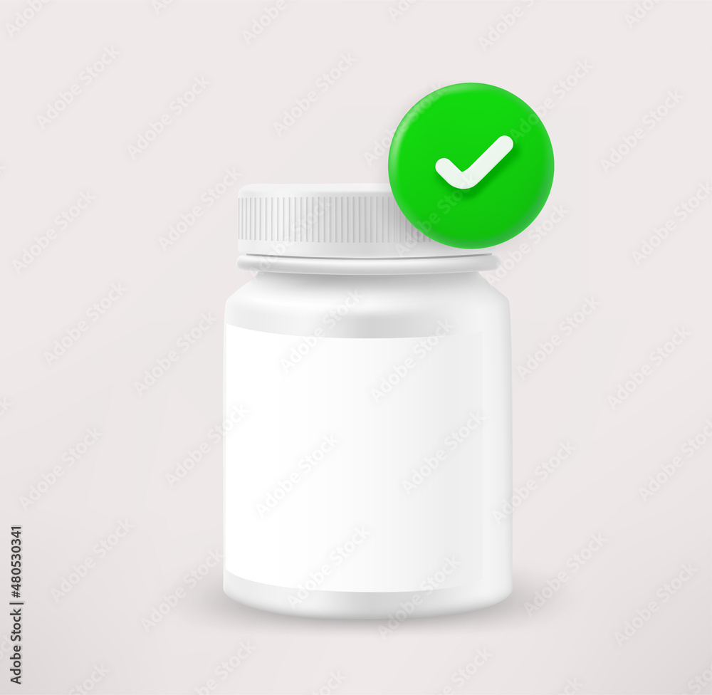 Poster Plastic container with capsules with checkmark. 3d vector icon