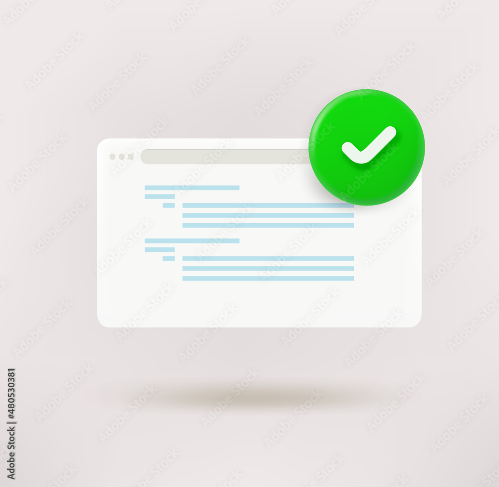 Poster Web site page with checkmark. 3d vector icon