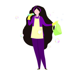 Beautiful cleaning lady with sponge and cleaning agent in a bottle. Vector illustration.