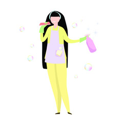 Chinese cleaning lady with sponge and cleaning agent in a bottle. Vector illustration.