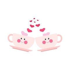 Two cute pink mugs with face, valentines day. Vector illustration in flat cartoon style.