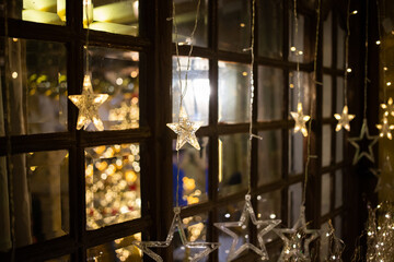 christmas light decorations in window cozy home
