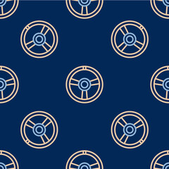 Line Racing steering wheel icon isolated seamless pattern on blue background. Car wheel icon. Vector