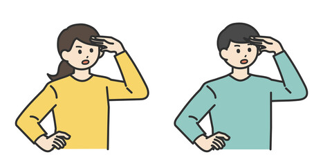 若い男性と若い女性が手をかざして探すイラスト素材