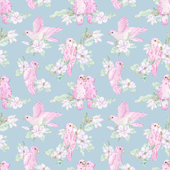 Watercolor exotic flowers and pink parrots. Tropical seamless floral pattern. White magnolia background.