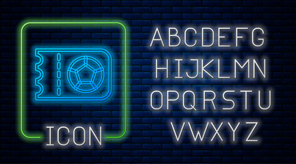 Glowing neon Football or soccer ticket icon isolated on brick wall background. Neon light alphabet. Vector