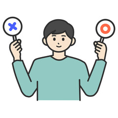 若い男性がまるとばつの札を持つイラスト素材