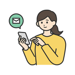 若い女性がスマートフォンを操作してメールを送るイラスト素材セット