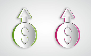 Paper cut Financial growth dollar coin icon isolated on grey background. Increasing revenue. Paper art style. Vector