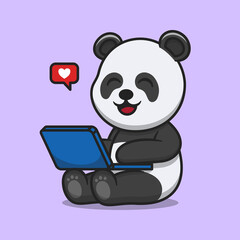 Cute panda working on laptop cartoon vector icon illustration