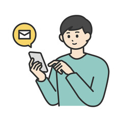 若い男性がスマートフォンを操作してメールを送るイラスト素材セット