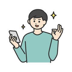 若い男性がスマートフォンを操作して登録するイラスト素材セット