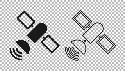 Black Satellite icon isolated on transparent background. Vector