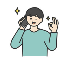 若い男性がスマートフォンで通話して問題が解決するイメージイラスト素材