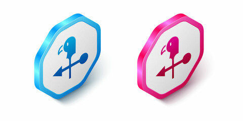 Isometric Rooster weather vane icon isolated on white background. Weathercock sign. Windvane rooster. Hexagon button. Vector