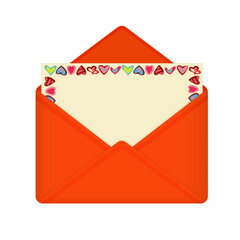 Letter in open red envelope on Valentine's Day. Postcard with frame of hearts on yellow background.