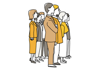 横から見た群衆　直立して見物する人々　温かみのある手描きの人物　白バックにベクター