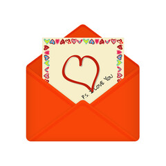 Letter in open red envelope on Valentine's Day. Postcard with frame of hearts on yellow background with text "P.S. I love you".