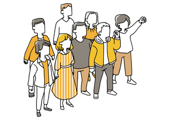 斜め上から見た群衆　直立して見物する人々　温かみのある手描きの人物イラスト　白バックにベクター