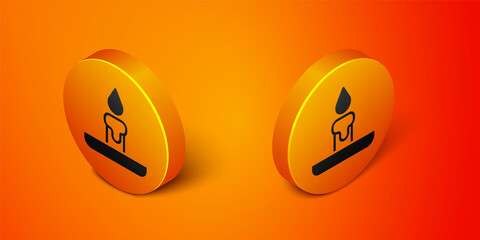 Isometric Burning candle in candlestick icon isolated on orange background. Cylindrical candle stick with burning flame. Orange circle button. Vector